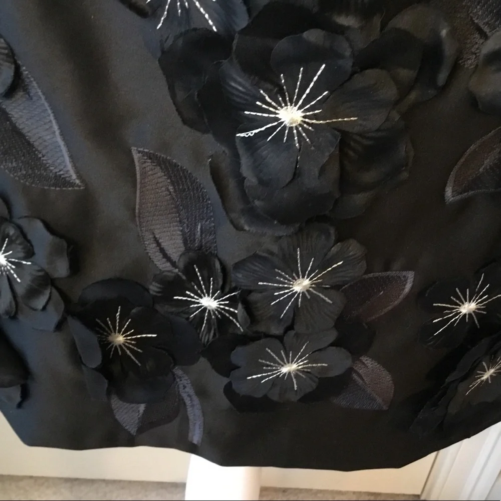 Chetta B NWT Black Satin Sleeveless Dress Floral Appliqués - 2